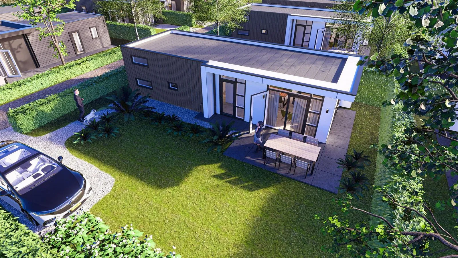Buitenaanzicht van de Cube XL 6 persoons vakantiewoning op Resort de Betuwe