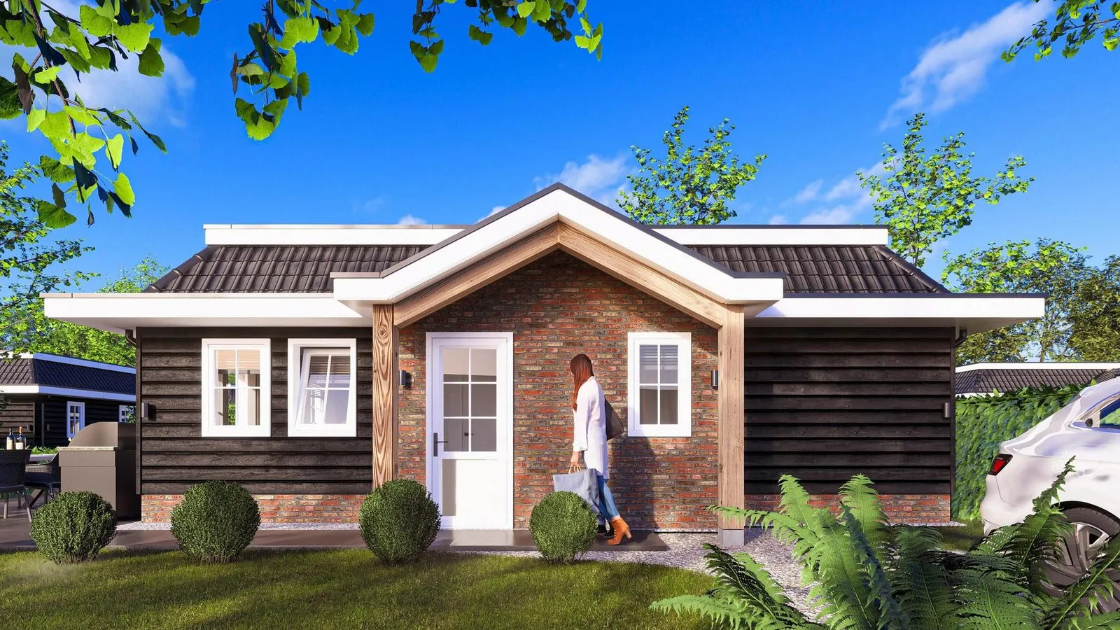 Buitenaanzicht van de Master XL 4 persoons vakantiewoning op Resort de Betuwe