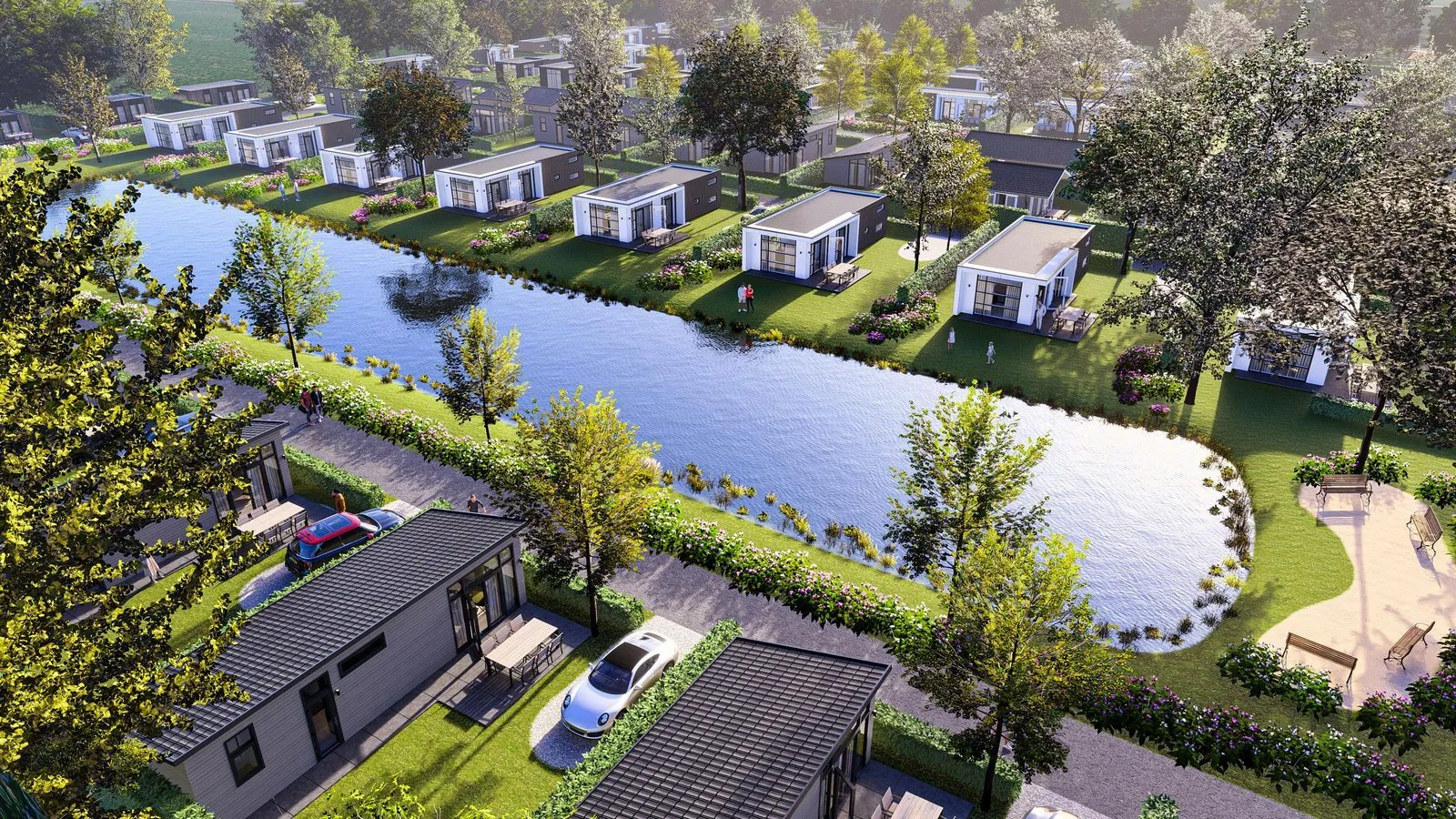 Luchtfoto van Resort de Betuwe: vakantiewoningen aan het water